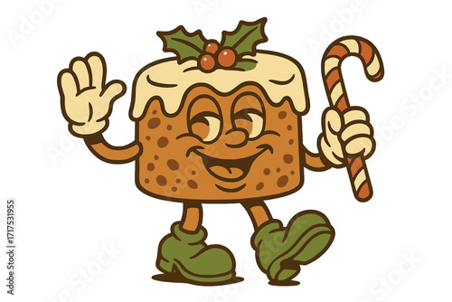 Christmas cake groovy character. Retro mascot holding candy cane. Cute cartoon food personage for holiday celebration. Vintage hand drawn vector illustration. Isolated funny dessert.