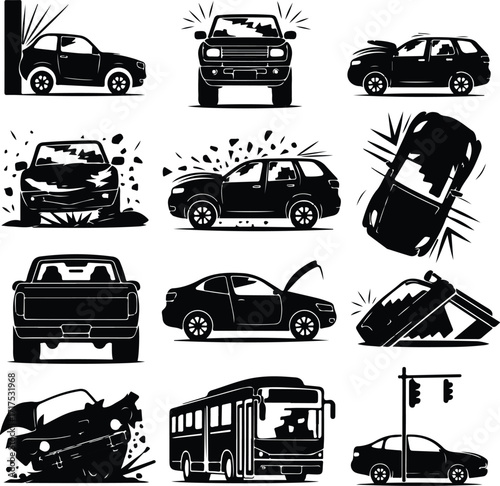 Car Crash Icon Silhouette Set Vehicle Accident Silhouette Icon Collection