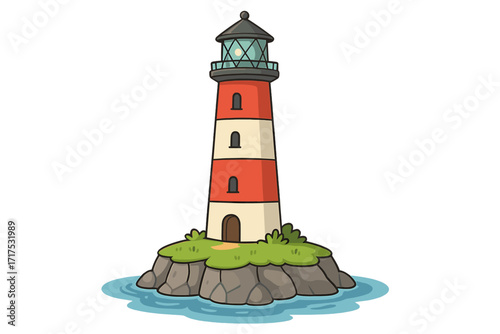 Lighthouse on a rocky island. Vector cartoon illustration of a coastal beacon. Nautical navigation and maritime safety symbol. Seaside light tower on the sea shore. Hope.