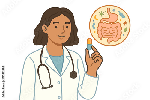 Female doctor holding probiotic capsule. Concept for gut health, dysbacteriosis, intestinal microflora, microbiome, microbiota, digestion, and immunity. Nutritional supplement.