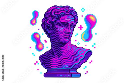 Vaporwave style distorted Greek statue bust with wavy lines. Cyberpunk concept with neon liquid blobs and retro pixel elements. Trendy psychedelic fashion print for t-shirt.