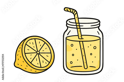 Hand drawn lemonade in mason jar with straw and fresh lemon half. Vector cartoon illustration of a summer citrus drink. Isolated doodle for a menu, juice bar, or detox concept.