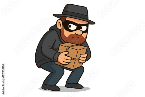 Man hiding with a suspicious package. Cartoon thief character illustration. Burglar or robber in a mask sneaking with a stolen box. Concept of crime, theft, banditry. Vector