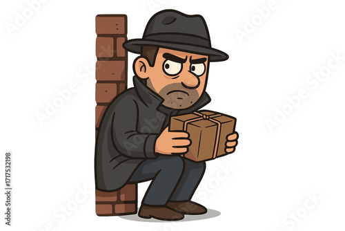 Man hiding with a suspicious package. Vector cartoon of a spy, detective, or thief with a secret delivery. Concept of crime, mystery, espionage, illegal deal, contraband.