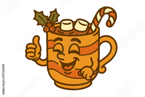 Groovy Christmas retro mug of cocoa. Happy hot chocolate character mascot with candy cane, marshmallow and holly. Vintage 70s cartoon style vector for winter holidays.