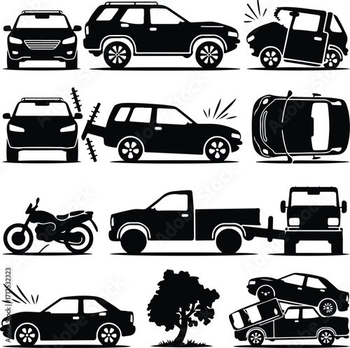 Car Crash Icon Silhouette Set Vehicle Accident Silhouette Icon Collection