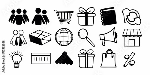 Illustration of business and shopping icons featuring people gifts and store symbols in black and white