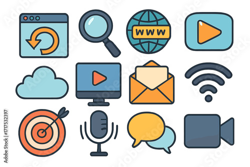 Digital marketing and social media icon set. Web business signs. Internet technology symbols for SEO, video, email, podcast and communication. Flat vector illustration collection.