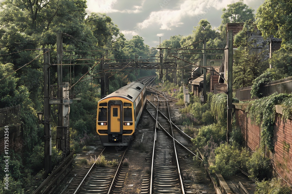 Naklejka premium Train Forest Railway Transportation Nature Journey Travel Adventure Scenic Route Green Trees Landscape Public Transport Commute Peaceful Serene