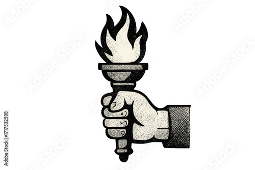Hand holding a flaming torch. Symbol of freedom, hope, and victory. Retro halftone vector illustration. Concept of enlightenment, knowledge, and success. Vintage design element.
