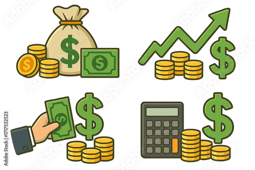 Money finance vector icon set. Cartoon illustration. Cash savings moneybag, profit investment growth chart, hand paying salary, budget accounting calculator. Banking success.