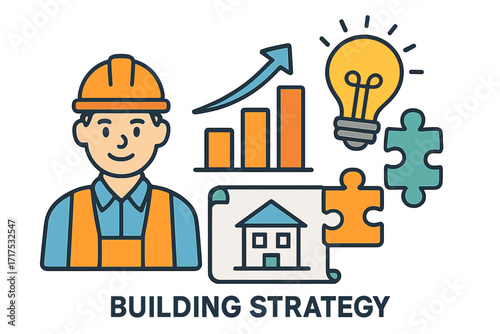 Building strategy concept with construction engineer. Project management, real estate development and growth idea. Contractor with plan, chart, puzzle for business solution success.