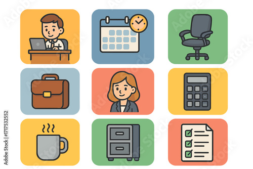 Office life icon set. Business and work elements. Vector cartoon illustration of employee, calendar, schedule, office chair, briefcase, calculator, coffee, checklist, document.