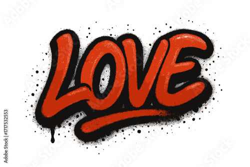 Love word in urban graffiti style. Airbrush textured typography. Hand drawn vector lettering with drops and splashes. Street art calligraphy for Valentines day. Grunge design.