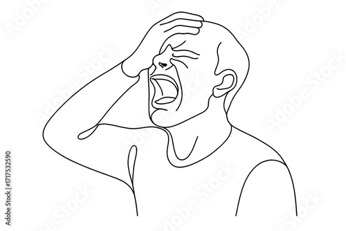Man crying, grabbing his forehead. Continuous one line drawing. Vector illustration of despair, grief, sorrow, depression, mental health problems, stress, pain, frustration.