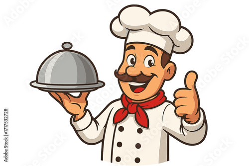 Chef cartoon character mascot for a restaurant. Happy cook with mustache holding a silver platter cloche and giving a thumbs up. Gourmet food, cooking, catering service vector.