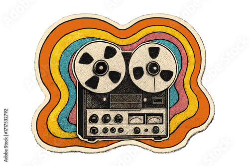 Retro reel-to-reel tape recorder in a 70s pop art collage style. Groovy psychedelic illustration with wavy rainbow background. Vintage music audio recording concept with halftone.
