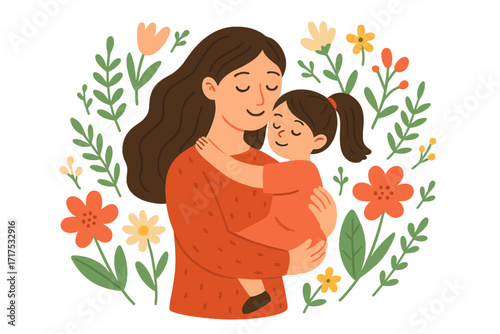 Mother's Day vector illustration of a mom hugging her daughter. Loving family moment with a mother holding her child in a floral wreath. Cute cartoon for motherhood celebration.