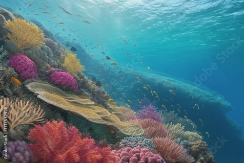 Underwater Coral Reef: Captivating image of a vibrant coral reef teeming with marine life. Bathed in clear, turquoise water. Showcasing the natural beauty and biodiversity of the ocean.