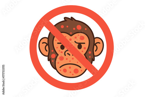 Stop Monkeypox virus warning sign. Mpox disease infection pandemic alert symbol. Epidemic prevention concept. Sad cartoon primate face with skin rash lesion vector illustration.