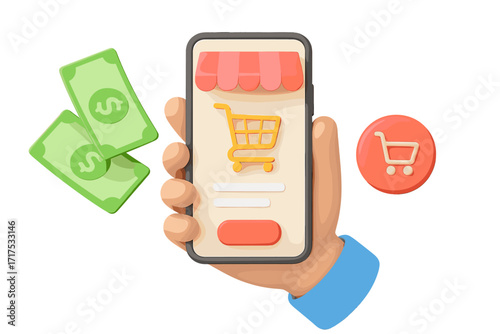 Online shopping concept with 3D cartoon hand holding smartphone. Mobile e-commerce app with store, cart icon, and buy button. Digital payment, money, online order. Vector render.