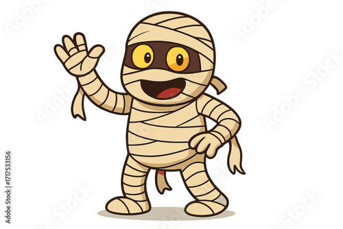 Cute mummy cartoon character waving. Happy Halloween monster illustration. Funny ancient Egypt creature for kids. Isolated vector graphic design element for spooky party fun.