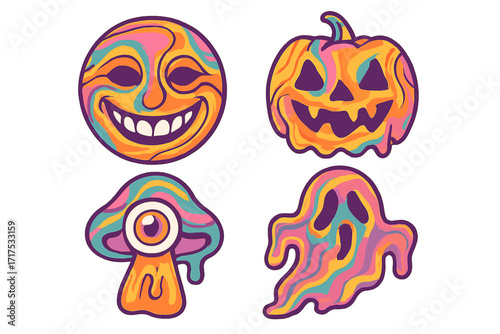 Groovy 70s retro Halloween sticker set. Psychedelic surreal icons with melting illusion. Crazy anthropomorphic smile face, spooky ghost, pumpkin, and magic mushroom.