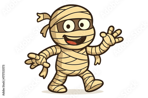 Cute cartoon mummy vector illustration. Happy Halloween monster character walking. Friendly ancient Egyptian undead creature for kids. Spooky fun mascot design for party invitation.
