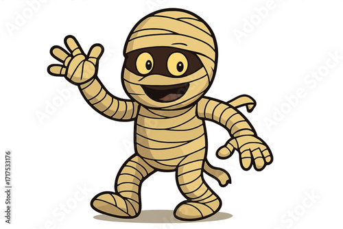 Friendly cartoon mummy waving hello. Cute Halloween monster character. Vector graphic of an ancient Egyptian undead creature for a kids party. Spooky fun mascot isolated on white.