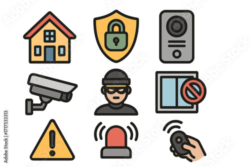 Home security system icon set. Vector collection for residential safety and protection. Symbols for alarm, surveillance camera, burglar, smart home control and property crime.