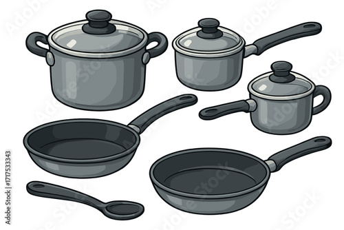 Cookware set vector illustration. Kitchen pots, pans, skillet, saucepan with glass lid. Cartoon kitchenware equipment for cooking, meal prep, gastronomy. Isolated on white.