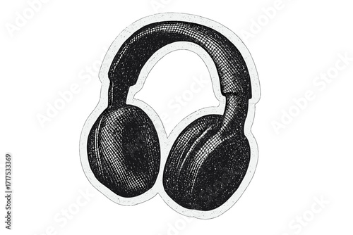 Halftone headphones illustration with a grunge, dotted photocopy texture. Retro music headset sticker for collage. Vintage audio equipment vector drawing, isolated object.