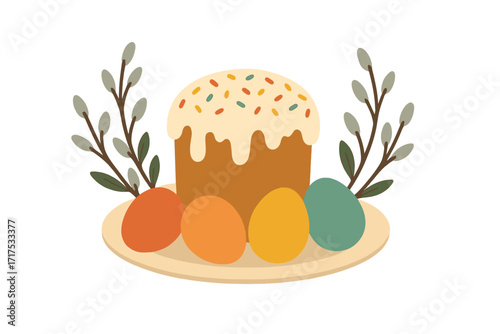 Russian Orthodox Easter greeting card concept. Traditional holiday food with Kulich, sweet glazed cake, colorful eggs and pussy willow branches. Flat vector illustration.