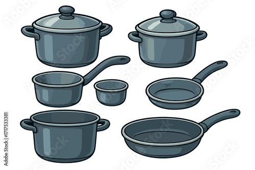Set of kitchen cookware. Vector cartoon illustration. Collection of pots, pans, and skillets. Kitchenware equipment for cooking food. Household utensils isolated on white.
