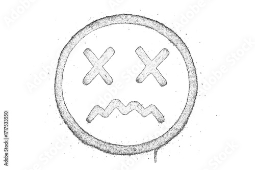 Scary hand-drawn dead emoji with crosses for eyes, spray brush emoticon icon, urban graffiti style, street art vandal vector illustration, dark mood expression