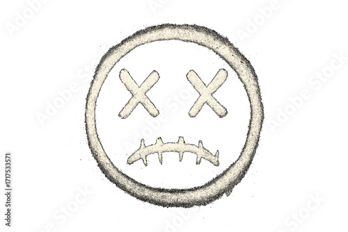 Scary hand-drawn dead emoji with crossed-out eyes and stitched mouth, spray brush emoticon icon on black background, urban graffiti style, vandal street art, decorative vector illustration
