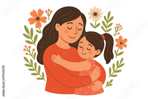 Happy Mother's Day greeting card. Mother holding daughter in arms. Mom and child embrace. Vector illustration of family love, care and affection with floral background. Woman hug.