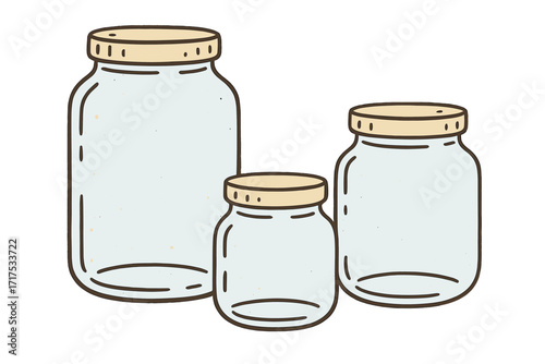 Set of empty glass jars for canning and preserving with lids, isolated on white background, collection of various sizes transparent jars, hand-drawn style, kitchen storage containers