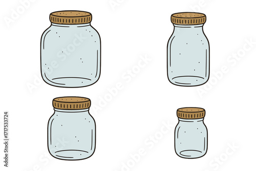Set of empty glass jars for canning and preserving with lids, assorted sizes collection, hand-drawn hygge style, transparent storage containers, kitchen pantry essentials, rustic design