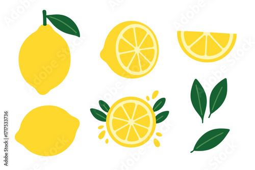 Set of lemon fruit elements isolated on white background, abstract modern summer organic citrus, fresh detox juice vector collection, hand-drawn flat illustration with green leaves