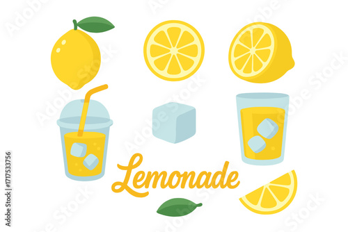 Set of fresh lemonade vector elements with whole lemon, lemon slices, ice cubes, straw, plastic cup, glass jar, and hand lettering fresh juice smoothie detox icons