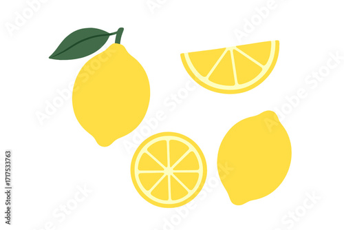 Set of hand-drawn lemon fruit elements isolated on white background, fresh citrus slices and whole lemons, summer organic food, detox juice collection, bright yellow vector illustration