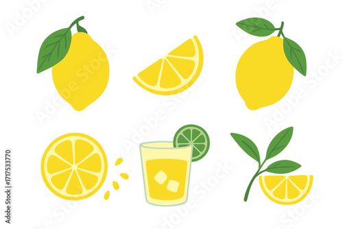Set of fresh lemon fruit elements with leaves and slices isolated on white background, abstract modern summer organic food, natural detox juice collection, vector hand-drawn flat illustration