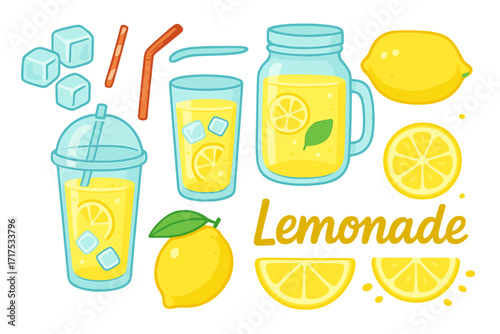 Fresh lemonade vector set with whole lemon, lemon slices, ice cubes, straws, plastic cup, glass cup, jar with handle, bright refreshing summer drink icons, smoothie, fresh juice, detox drink