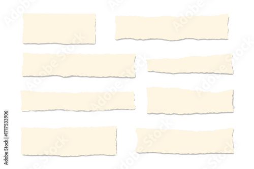 Torn paper strips set. Ripped paper edges. Blank beige craft paper pieces and shreds for notes. Realistic vector illustration for scrapbooking, message, or collage design.