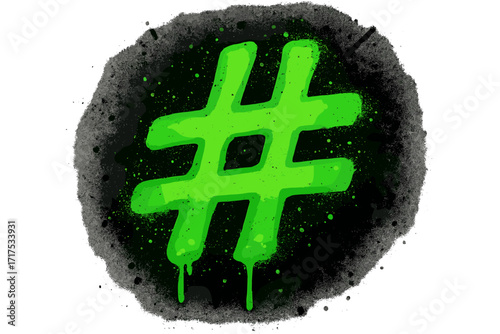 Neon green hashtag symbol graffiti, urban street spray paint art, grunge Y2K style, splatter effects, paint drops texture, viral social media icon, modern digital symbol vector