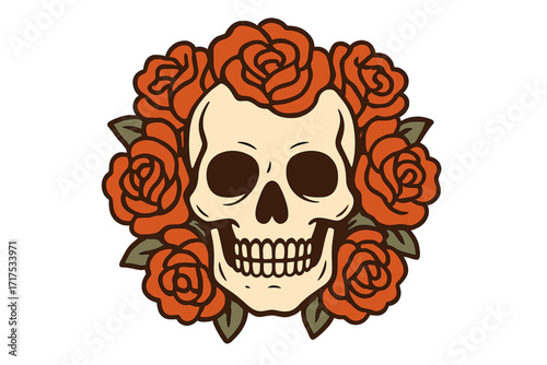 Human skull surrounded by vibrant red rose petals, floral Halloween skull illustration, vintage 70s retro boho style, spooky decorative skull with flowers, isolated vector art