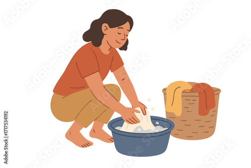 Woman hand washing clothes by hand and doing laundry at home, squatting position with laundry basket, domestic household chore, home cleaning activity, flat vector cartoon illustration