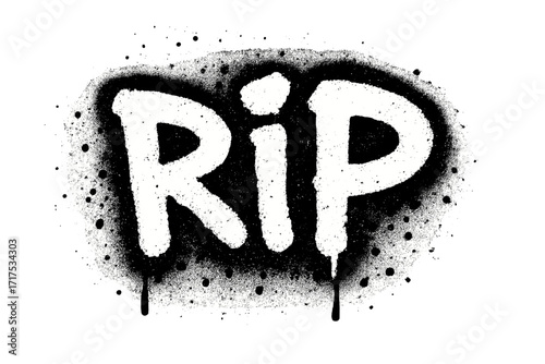 RIP urban graffiti text vector. Rest in peace abbreviation sprayed in white over black. Grunge y2k style word with splash effects and drops. Stencil aerosol street art.