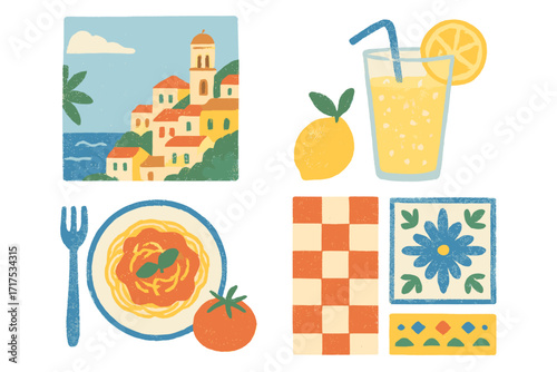 Amalfi coast Italy summer icon set. Naive vector art of mediterranean food, pasta, lemonade, Positano village, and tile patterns. Cute hand drawn retro travel illustration.